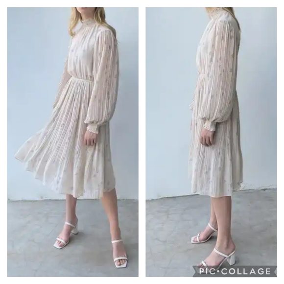 Oak + Fort Long Sleeve Pleated Floral Dress - Moonbeam Title Print - Picture 1 of 7